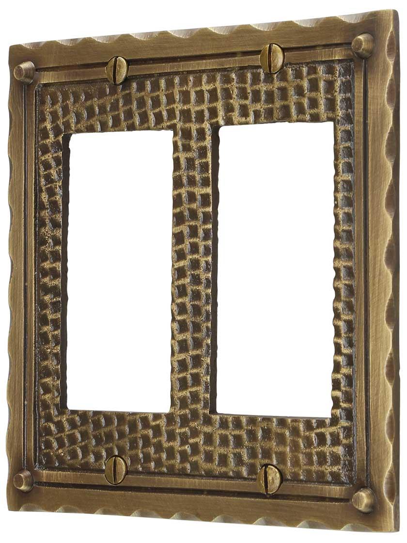 Bungalow Style Double GFI Outlet Cover Plate In Antique Brass.